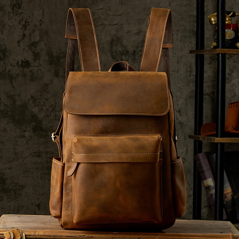 

Handmade Vintage Genuine Leather School Bag Men Casual Outdoor Travel Backpack Cowhide Leather Office Knapsack Business Rucksack