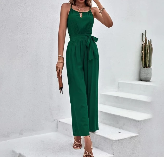 2024 Lente Zomer Voor Dames Jumpsuit Vintage Strakke Mouwloze Veters Taille Wikkel Effen Kleur Katoenen Losse Backband Broek