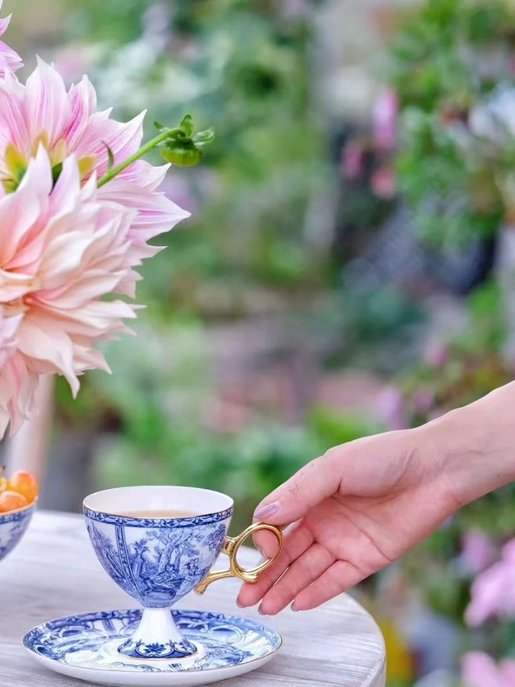 Vintage palace style blue and white gold and bone porcelain exquisite tableware, figures, coffee cups, afternoon tea cups, plate