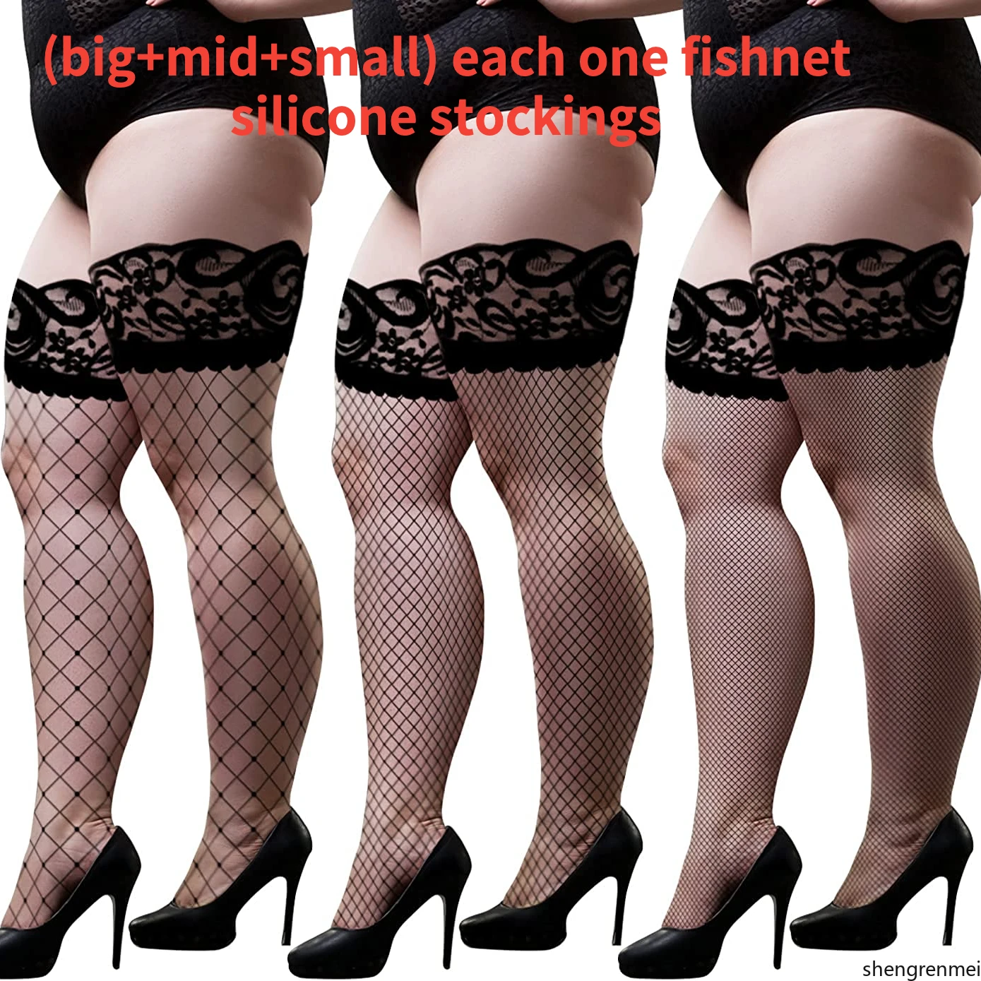 

3 Pairs Women's Thigh High Stockings Big Mid Small Fishnet Over Knee Stocking Sexy Lace Top Stay-up Non-slip Silicone Stockings