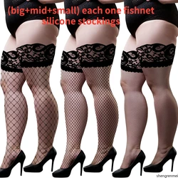 3 Pairs Women's Thigh High Stockings Big Mid Small Fishnet Over Knee Stocking Sexy Lace Top Stay-up Non-slip Silicone Stockings