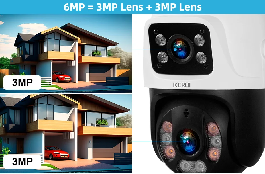 KERUI 6MP WIFI IP Camera Outdoor PTZ Dual Lens Dual Screen Auto Tracking Waterproof Security Surveillance Police Light Alarm