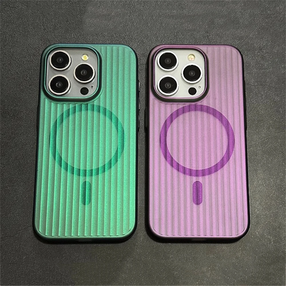 Luxury Corrugated Pattern Hard PC Aurora Matte Case For iPhone 16 15 14 13 Pro Plus Max Magsafe Magnetic Wireless Charge Cover