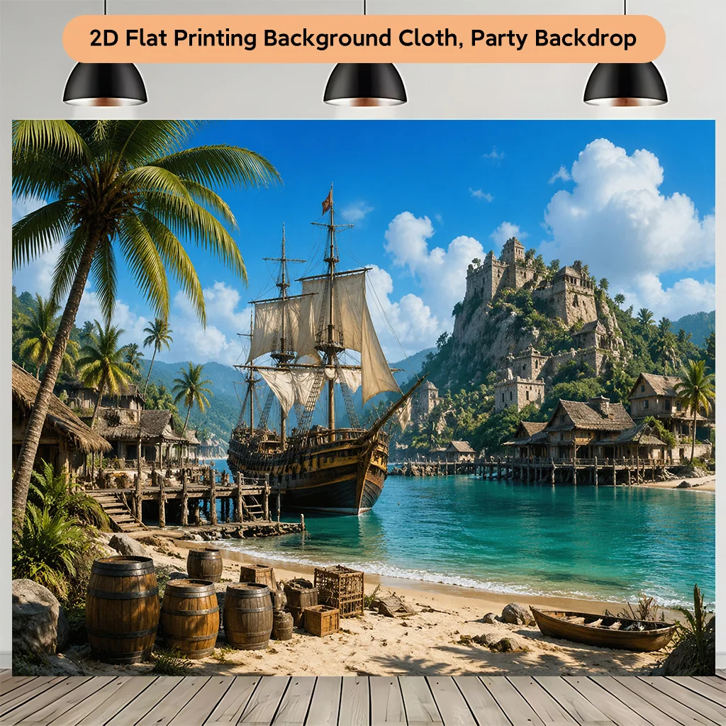 Epic Tropical Beach Scene Wall Tapestry Sailing Ship Pirate Asia Temple Backdrop Canvas Print Polyester Home Decor Poster Art
