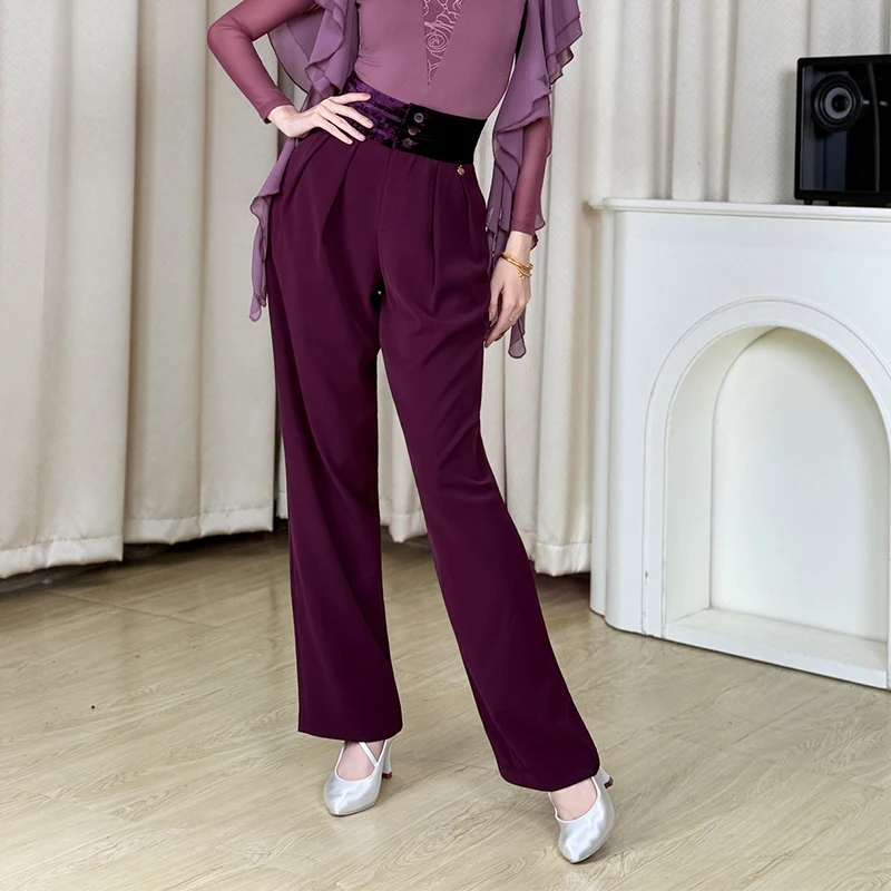 Pantaloni da ballo da sala viola Valzer Abiti da ballo latino Donna Pantaloni a vita alta a gamba larga Abbigliamento da ballo standard per adulti BL17693