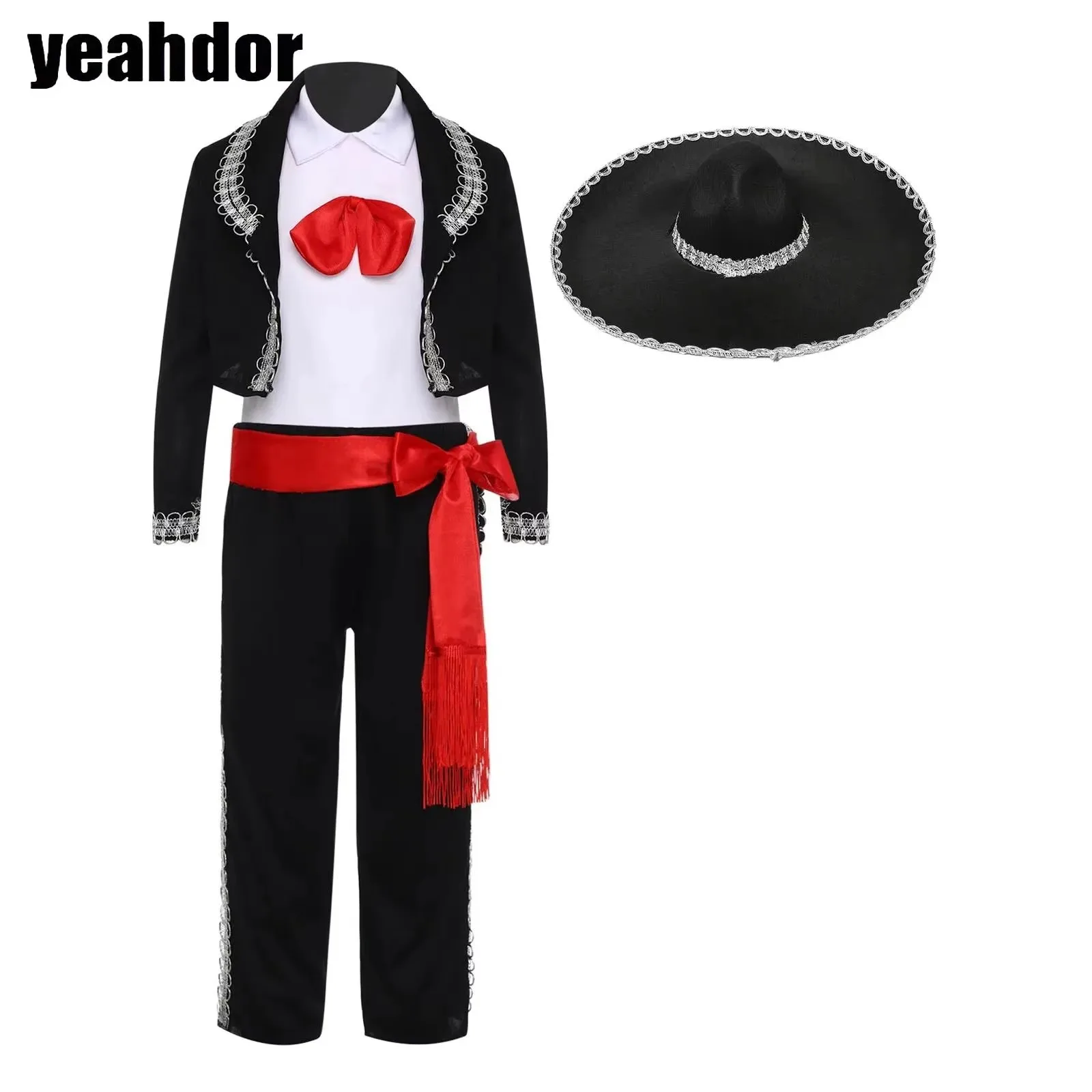 

Boys Traditional Mexican Costume Mariachi Dress Up Halloween Mexican Cosplay Vest Pants Jacket Waistband And Hat Performance Set