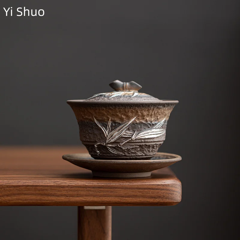 

Vintage Gilded Iron Glaze Bamboo Three Talents Gaiwan Kung Fu Tea Set Raw Mineral Coarse Pottery Tea Bowl Gaiwan