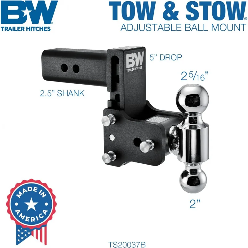 Tow & Stow Adjustable Trailer Hitch Ball Mount - Fits 2.5