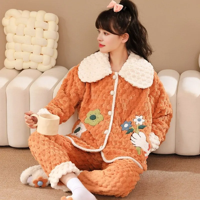 2023 New Winter Pajamas Women Coral Fleece Cute Cartoon Fleece Thick Warm Long Sleeve Trousers Winter Flannel Loungewear