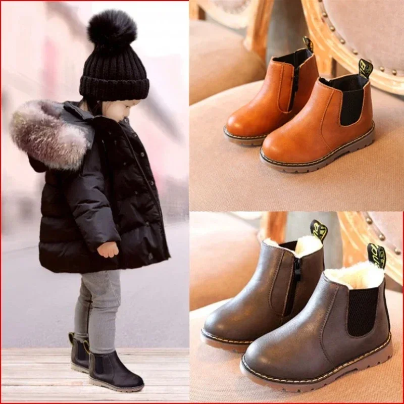 New Design Children Chelsea Boots Winter Warm Fur Leather Snow Boots Fashion Boys Girls Casual Anti-slip Boots Cotton Shoes
