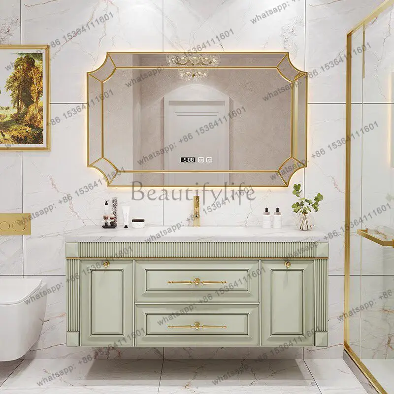 American oak rock slab seamless basin bathroom cabinet combination washbasin mirror cabinet