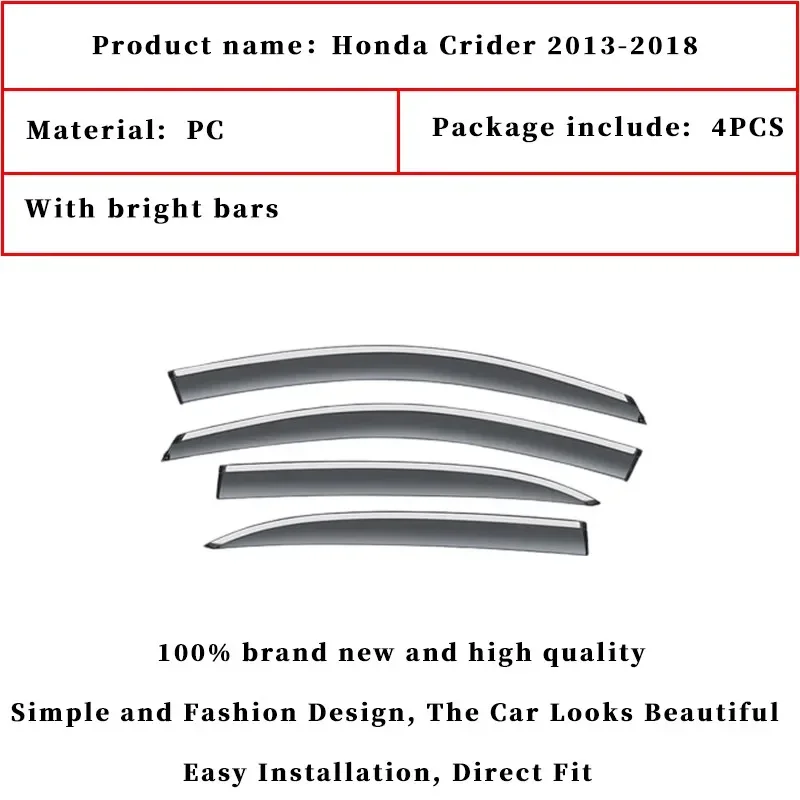 For Honda Crider car window deflectors wind deflector sun guard rain vent visor cover trim 2013-2018 car accessories parts