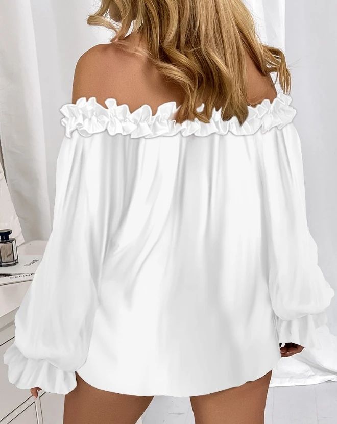 Office 2024 Spring Summer Women\'s Blouse Solid Color Pleated Loose Ruffle Hem Lantern Sleeve Top Off Shoulder Slash Neck Shirt