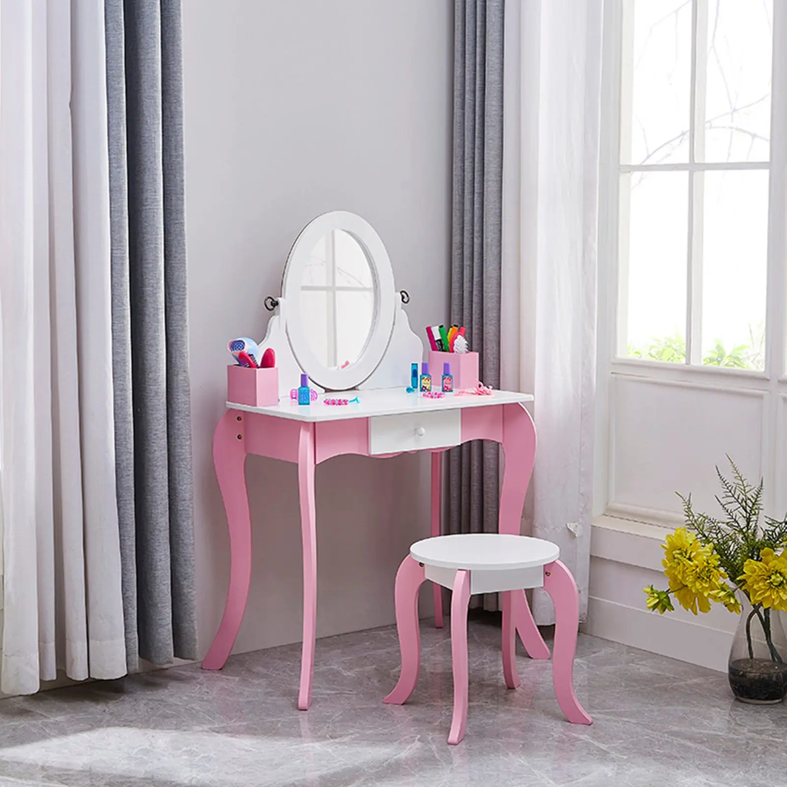 Kids Princess Vanity Set with Mirror & Stool 2