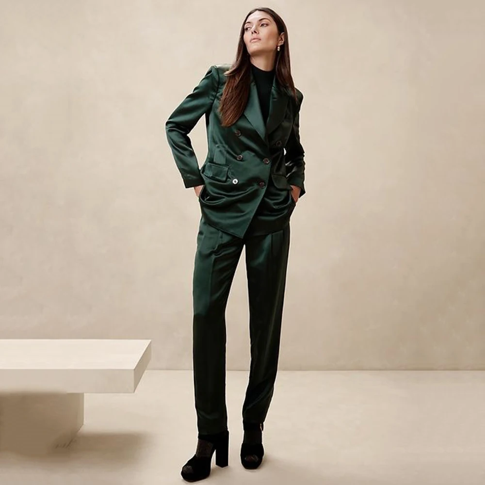 Elegant Green Suits for Women Double Breasted 2 Pieces Jacket Pants Female Clothing Smart Office Banquet Lady's Blazers Sets