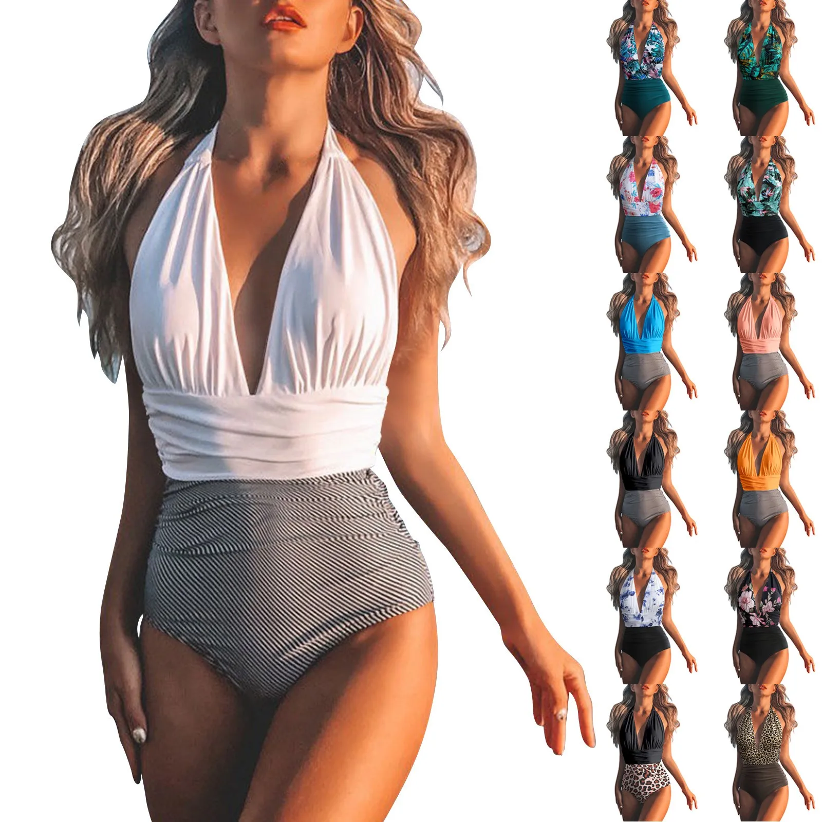 Women One Piece Swimsuits Mixed Colors Tummy High Waisted Bathing Suit Back Wrap Tie Monokini Fashion Sexy Swimwear Bikini