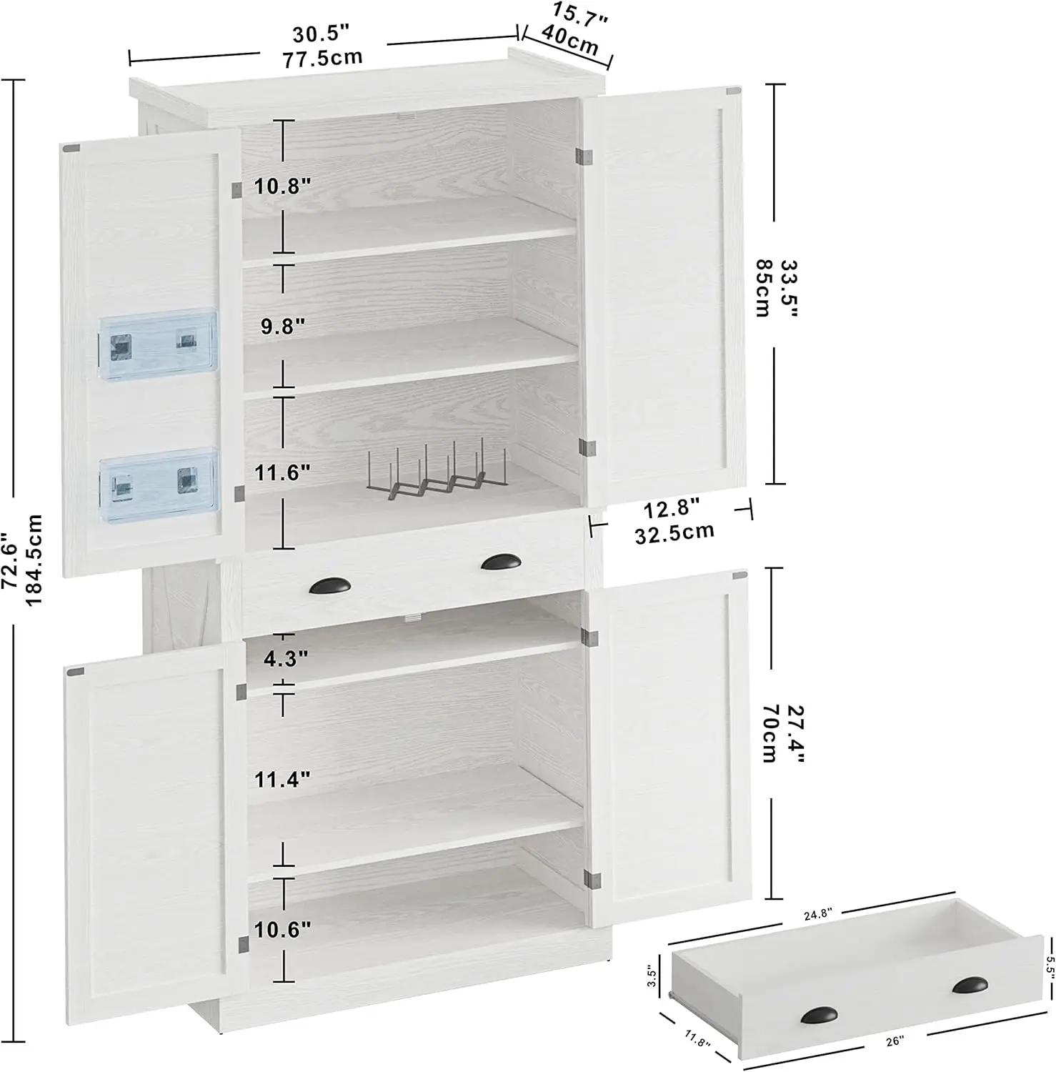 Storage Cabinet 72" Height, with Barn Doors, Drawer, 4 Adjustable Shelves, Freestanding Cupboard for Dinin