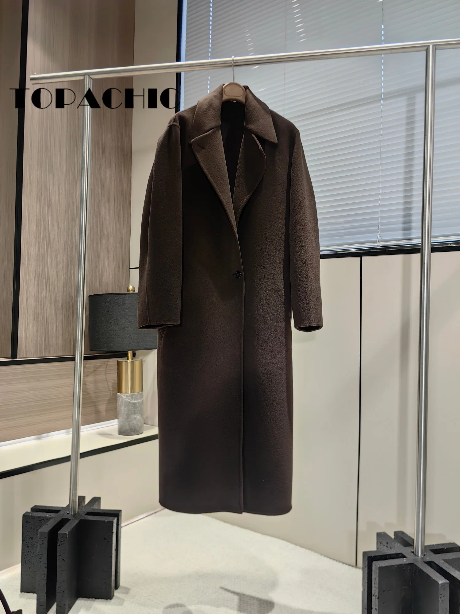 10.31 TOPACHIC-Women Solid Keep Warm Lapel Double-Sided Wool Long Coat Single Button Back Split Design Loose Outerwear