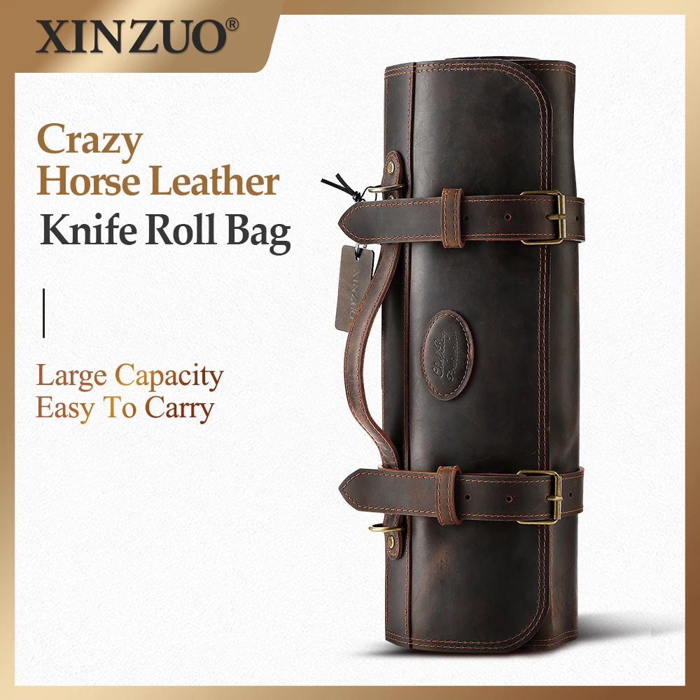 

New XINZUO 11 Knife Slots + 1 Zipper Pouch Kitchen Cooking Tools Storage Bag Crazy Horse Leather Outdoor Portable Knife Bag