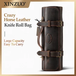 New XINZUO 11 Knife Slots + 1 Zipper Pouch Kitchen Cooking Tools Storage Bag Crazy Horse Leather Outdoor Portable Knife Bag