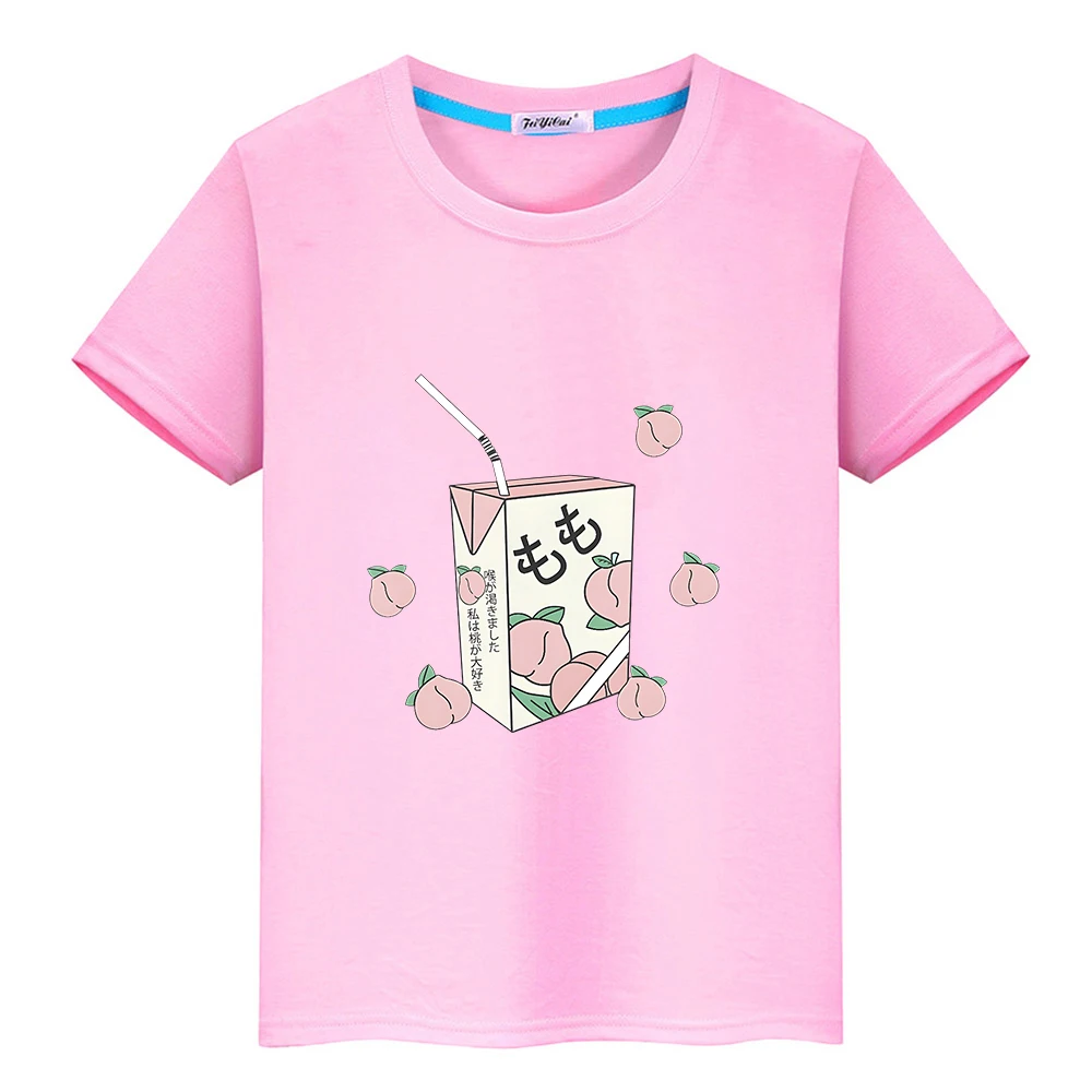 

Japanese Peach Juice Cartoon T-shirt Children Kawaii Graphic Tee-shirt 100% Cotton Summer Comfortable Tshirt Boys and Girls Tees