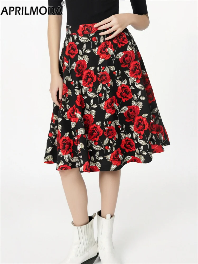 2025 Black Red Flower Print Big Swing Pinup Rockabilly Casual Skirt High Waist Cotton A Line Umbrella Party Skirts 1950s Style