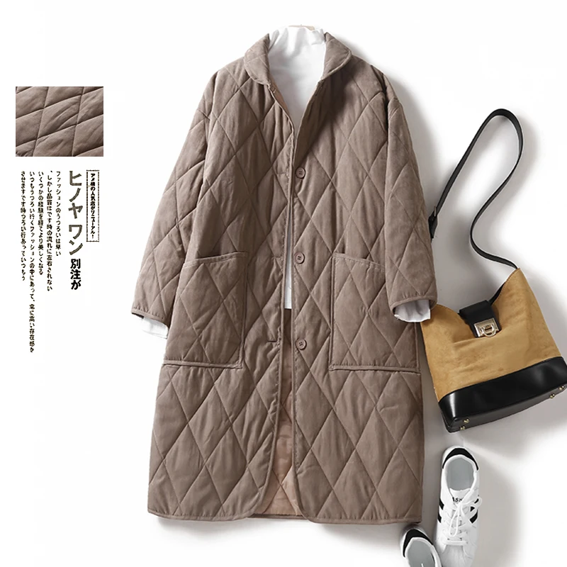 

plus Size Women's Cotton Jaet Diamond Patterned Warm Mid-Length Versatile Cotton Coat for Autumn Winter Commute