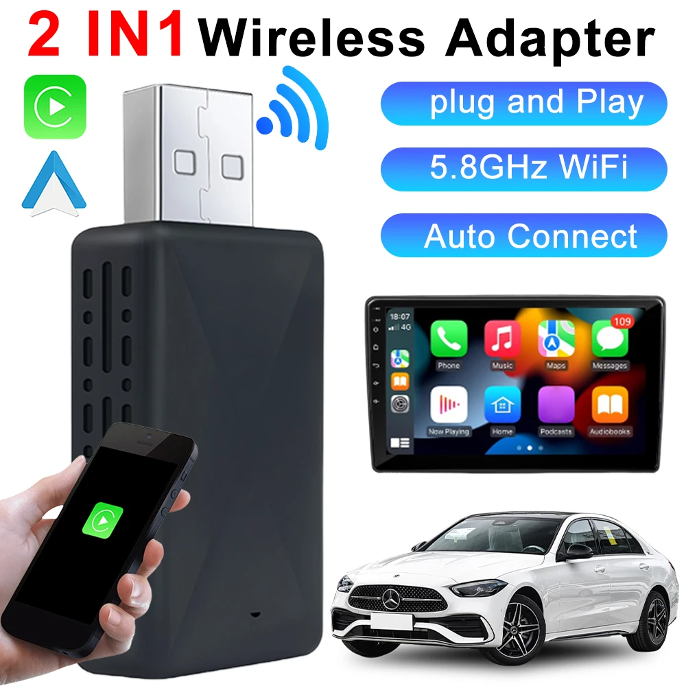 2 in 1 Wireless Carplay Android Auto Adapter Plug and Play Smart Dongle Mini USB Dongle for Factory Wired CarPlay Android Auto