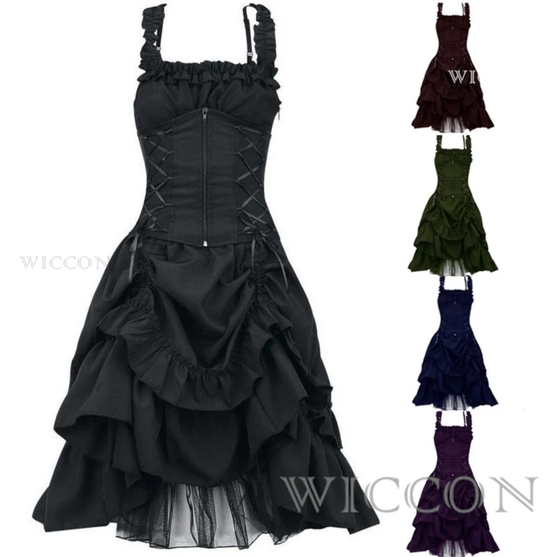 Halloween Middeleeuwse Cosplay Vintage Elegante Veters Corset Taille Vampier Gothic Retro Y 2K Vrouwen Punk Sexy Mouwloze Lolita Jurk