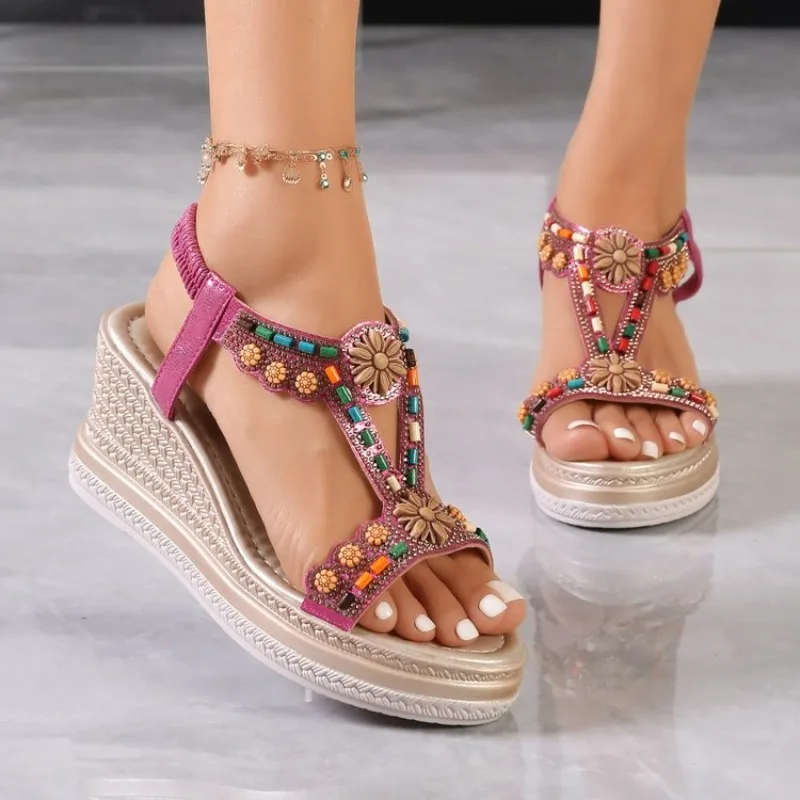 2026 New Fashion Casual Summer Open-Toe Beach Sandals with Beads Bohemian Platforms Sandals