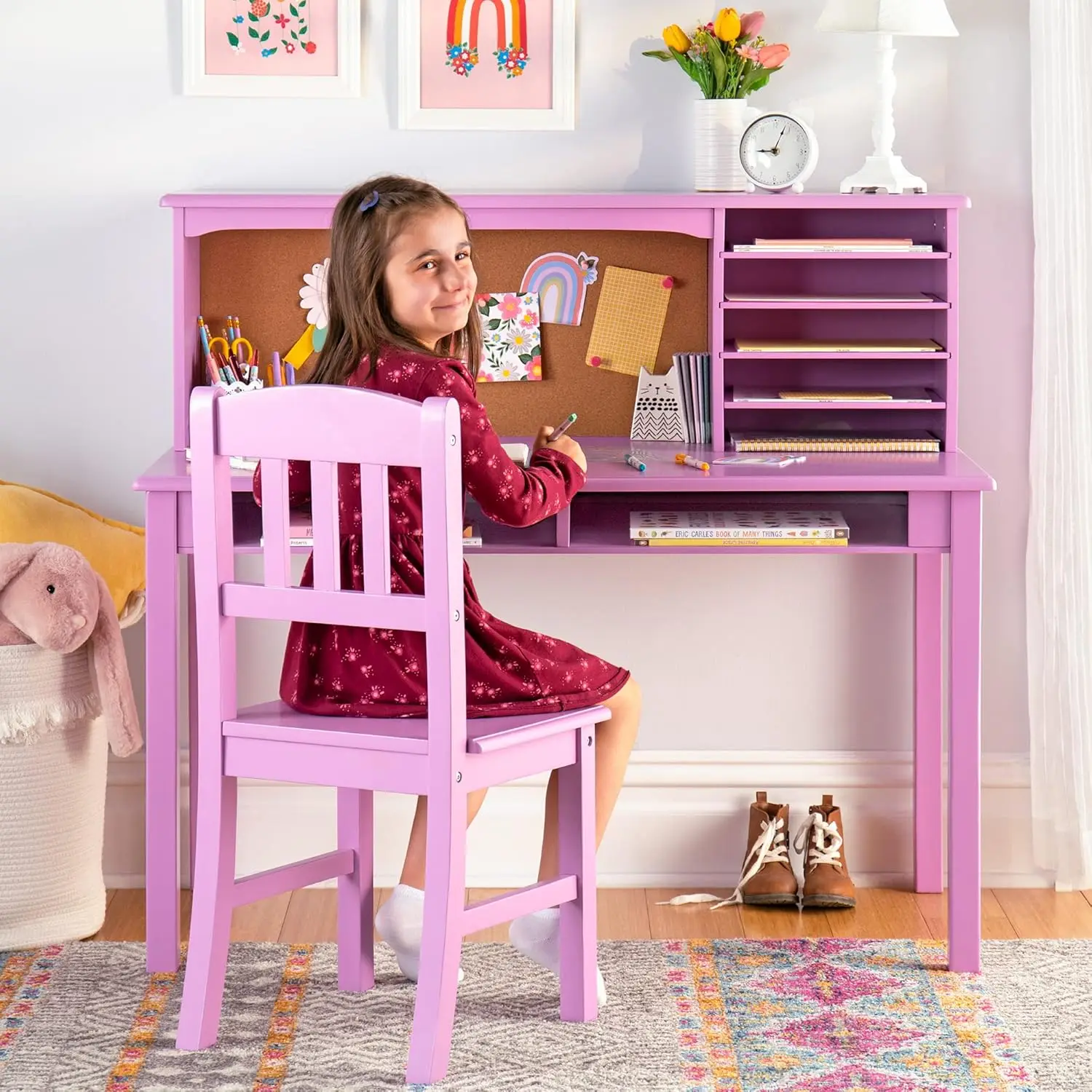 

Children’s Media Desk and Chair Set – Lavender: Student's Study Computer Workstation with Hutch and Shelves, Wooden Kids