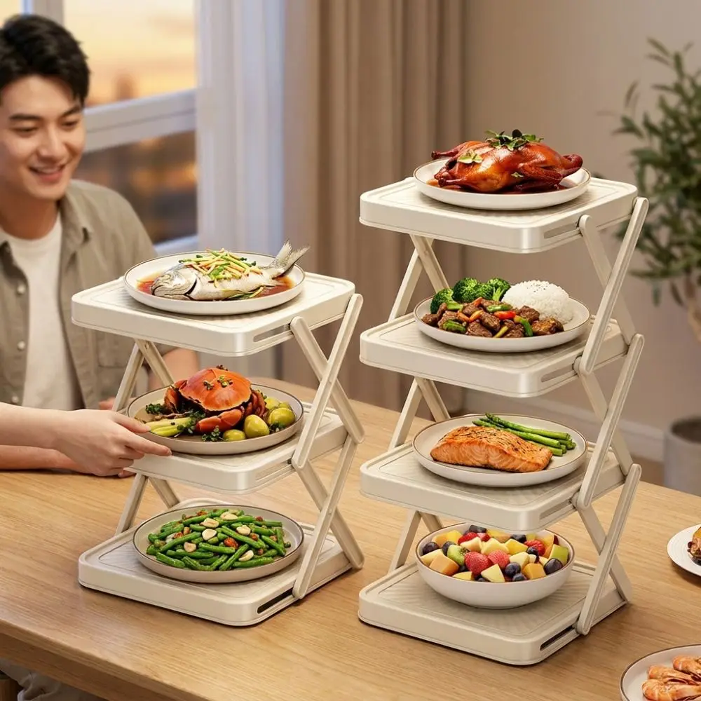 3/4-Tier Prepare Dish Storage Rack Large Capacity Collapsible Food Preparation Holder Space-Saving Plastic Folding Prep Tray