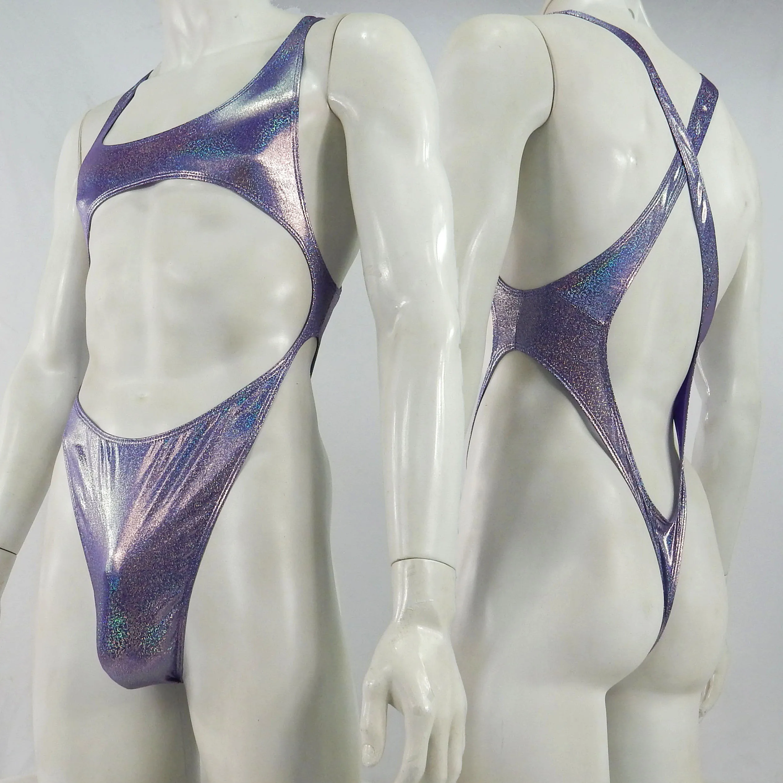 

Mens G1276 Thong Leotard Cross back Shiny Metallic Foiled silver dots Hologram Laser Foiled Fabric Knit