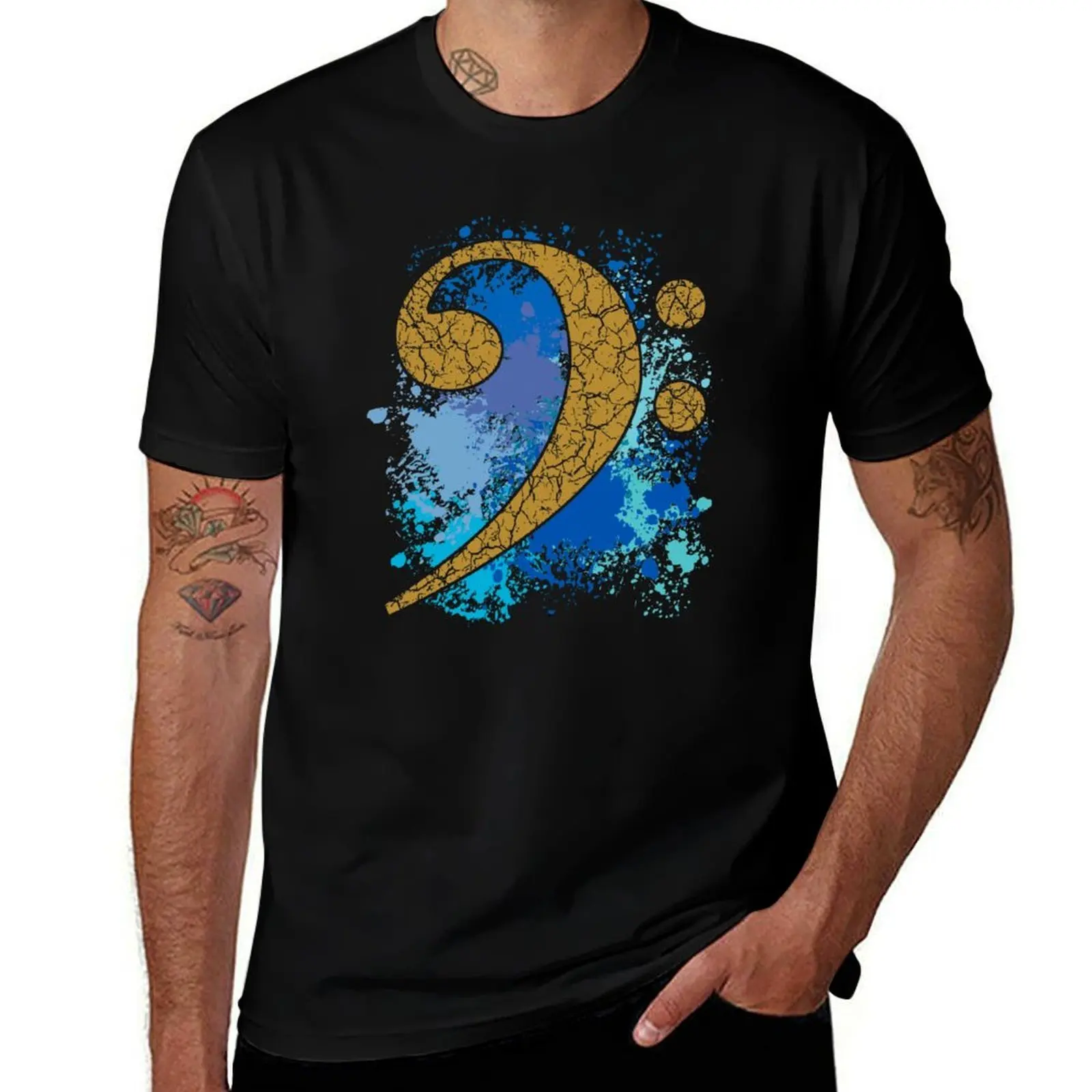 Distressed bass clef on paint splotches T-Shirt Big and Tall Basic Tee Shirt T-Shirt