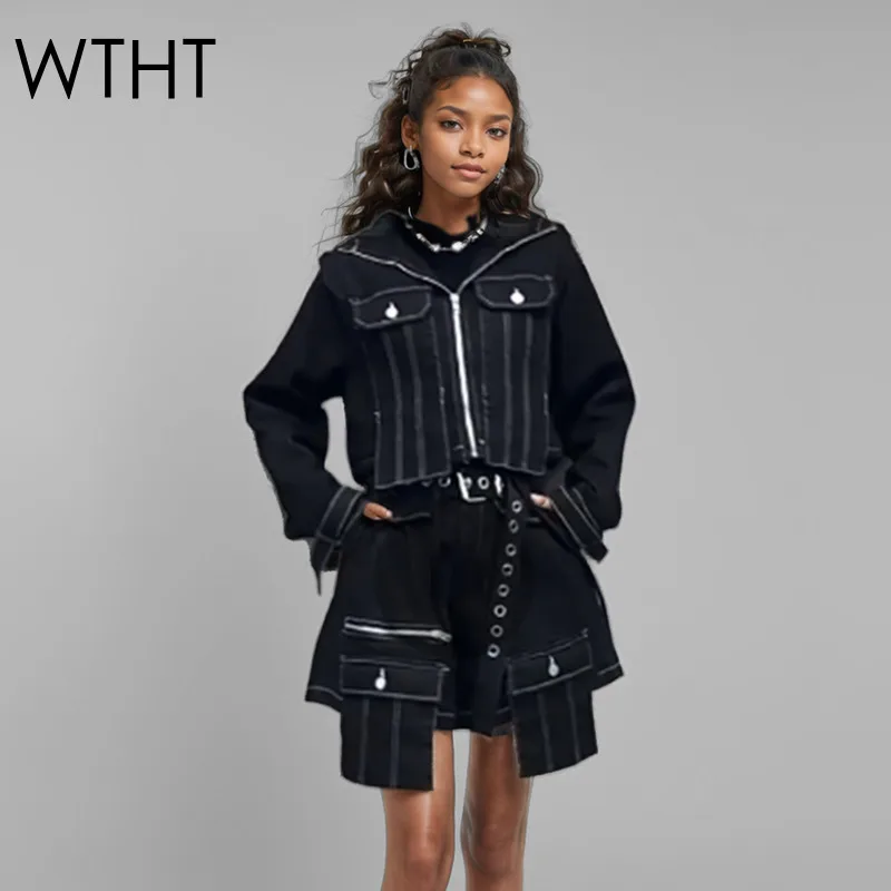 

WTHT New Fashion Women's Suits Zipper Long Sleeves Hooded Denim Jacket High Waist Cargo Shorts Set Female 2025 Spring 1LS1168