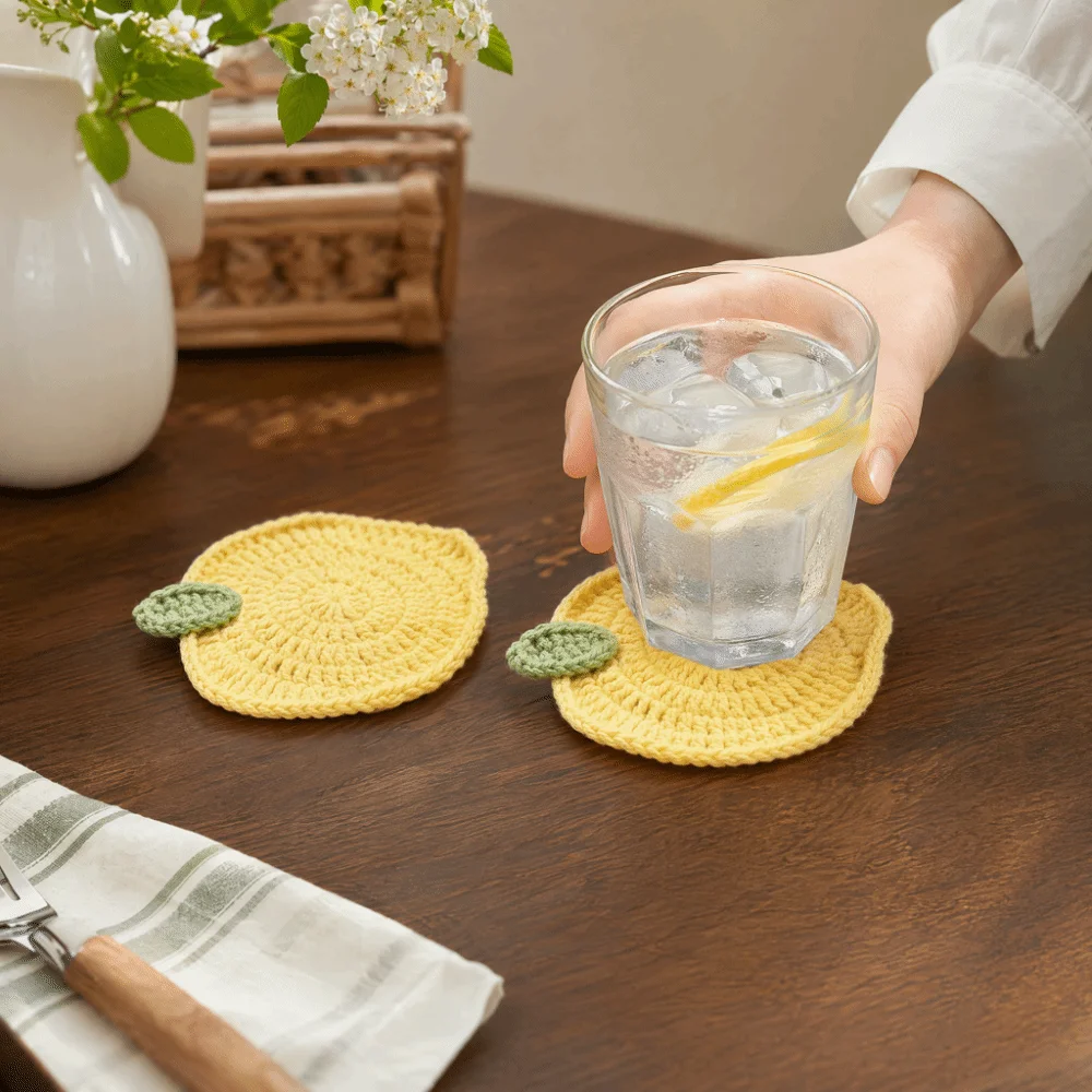 3PCS Heat-insulating Hand-crocheted Lemon Coasters Non-Slip Fruit-themed Drink Mats Polyester Handmade Coffee Mat Table Decor