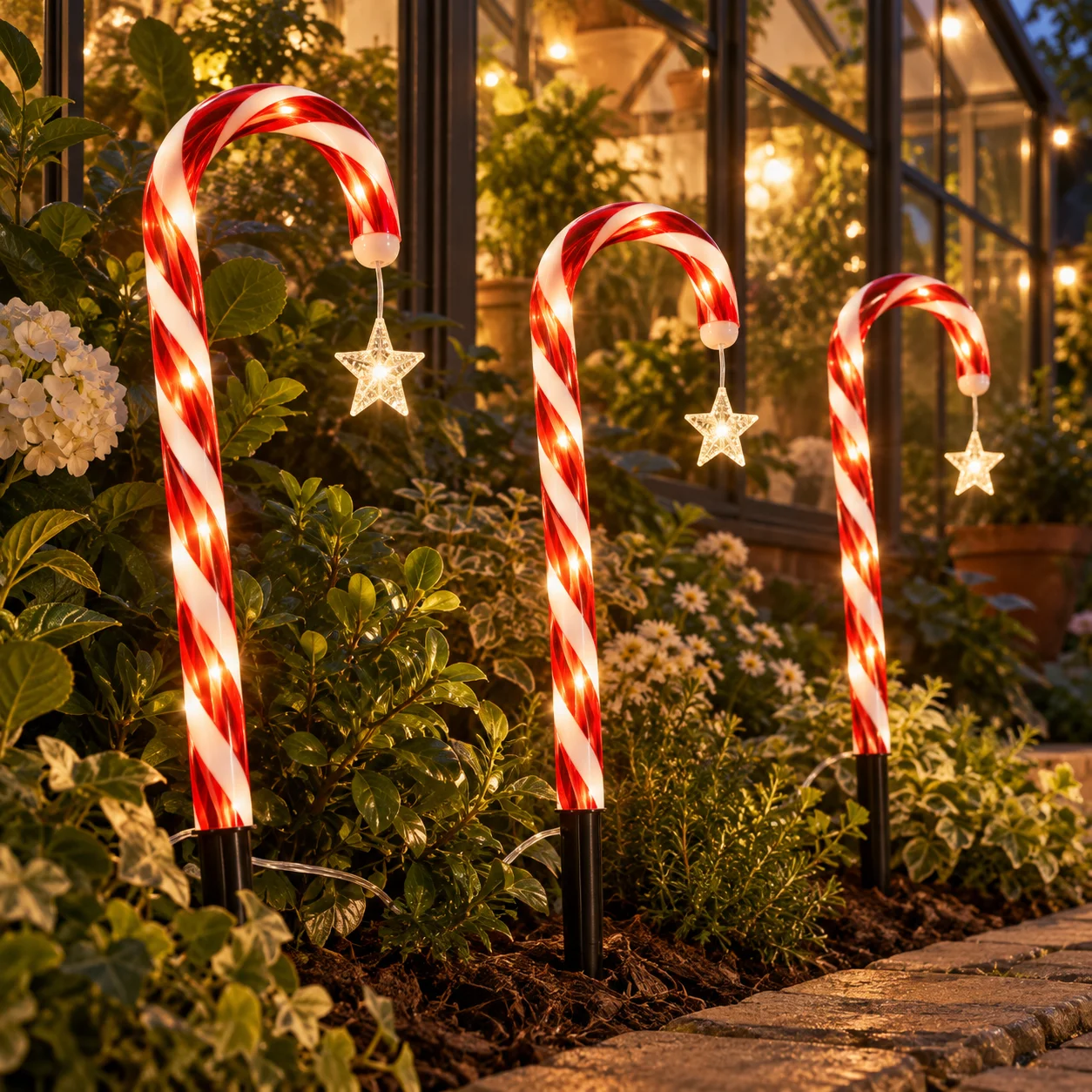 Festive Solar Candy Cane Path Lights, LED Stake Lamp with Star Charm, Red White Striped Design, Driveway Christmas Decoration