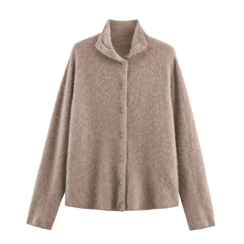 

Autumn High-necked Long Sleeve Knitted Cardigan Tops Women Buttons Decoration Pullover Sweater Coat Female Casual Wear 2025 New