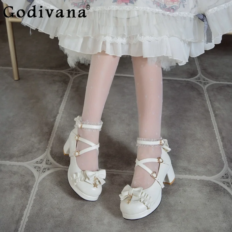 

Women's Round Toe Leather Shoes White Lolita High Heels Chunky Heel Lo Shoes Female Summer Bow Design Mid Heel Shoes