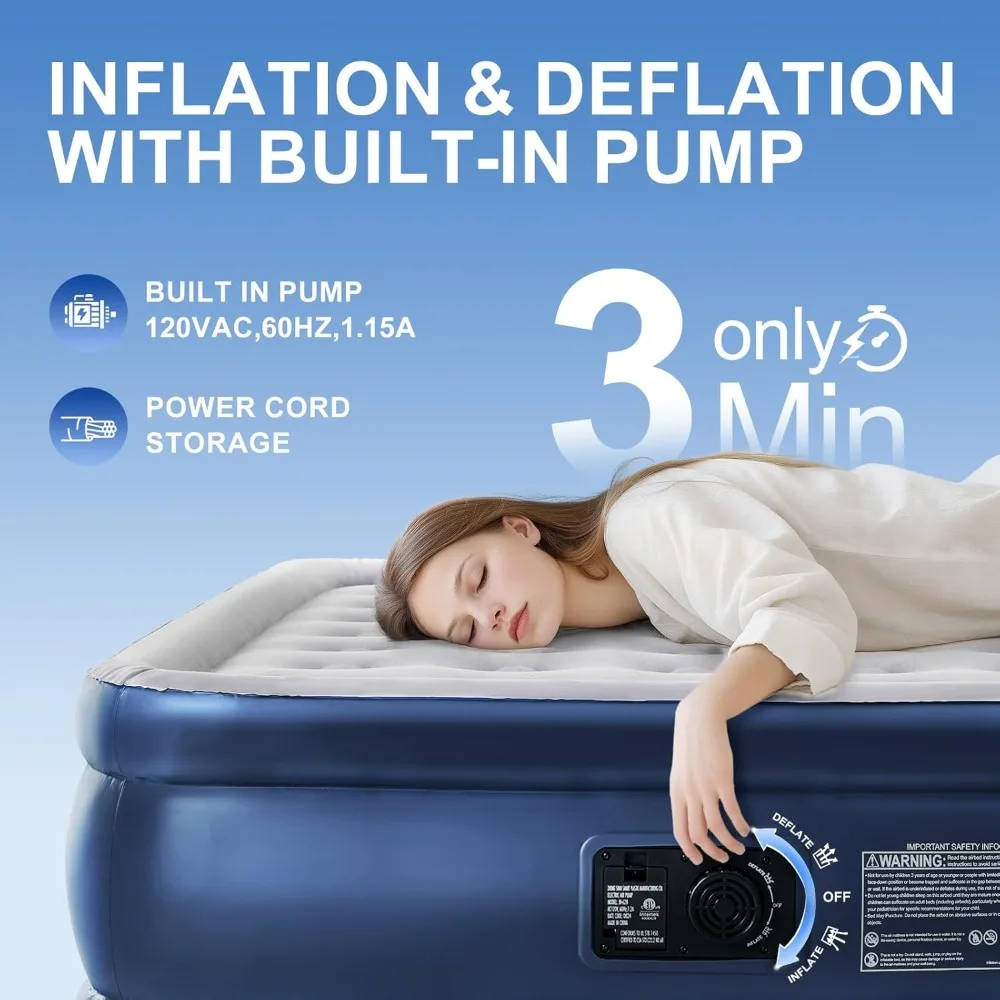 مرتبة هوائية مزدوجة الحجم مع مضخة مدمجة 18 بوصة سرير قابل للنفخ نفخ سريع الانكماش للتخييم ضيف السفر المنزل #4