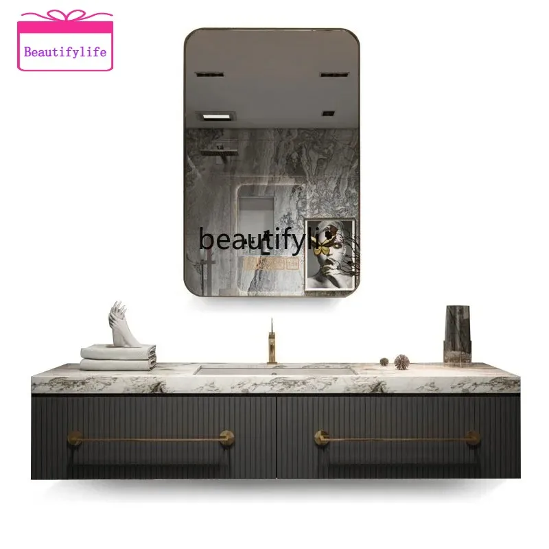 B567   Modern Minimalist Solid Wood Bathroom Cabinet Combination Light Luxury Stone Plate Bathroom Washbasin Wash Basin Washstan