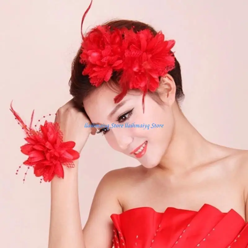 573B 4-Color Womens Flower Feathers Beads Mesh Corsage Hair Clip Fascinator Bridal Hairband Wedding Hair Accessories