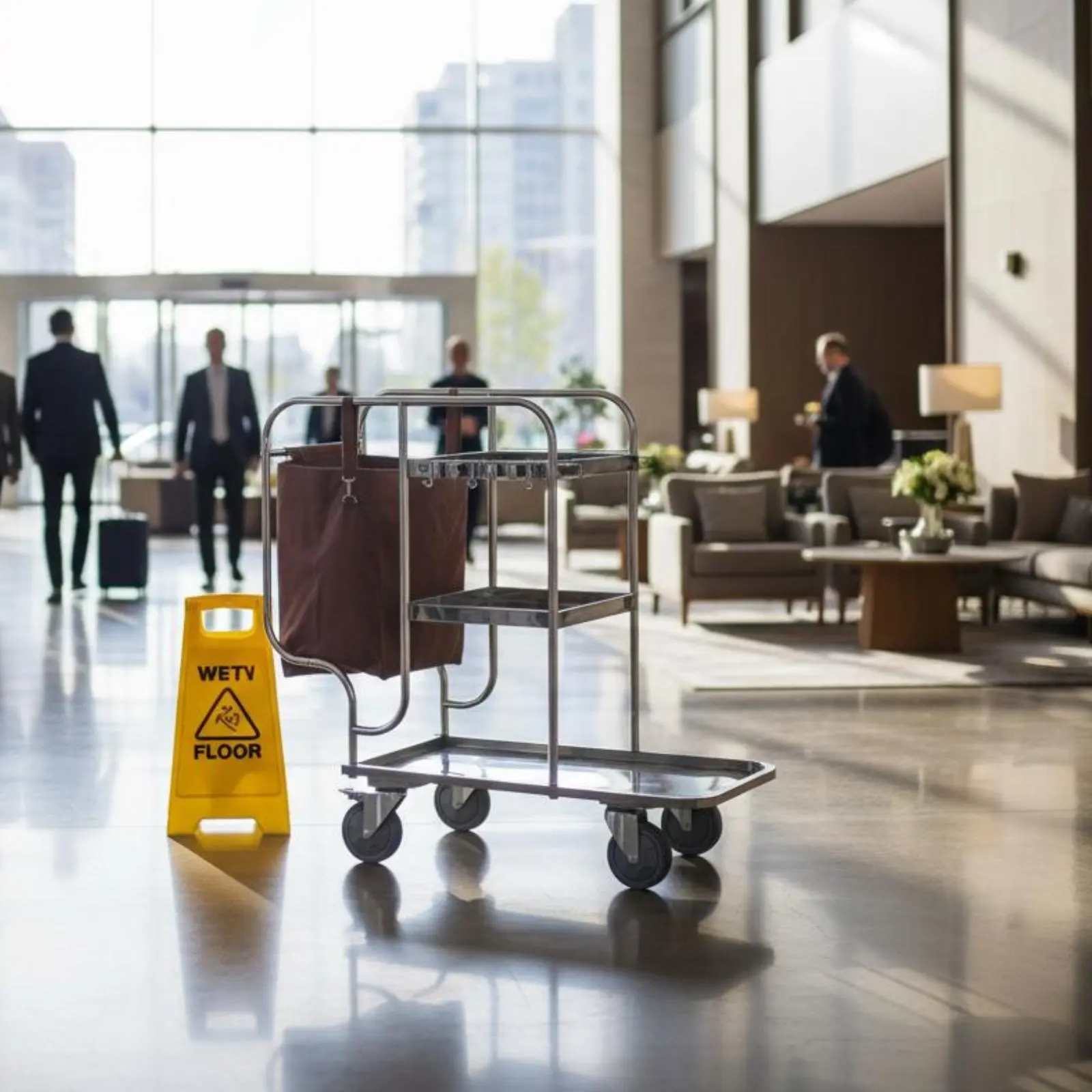 

Stainless Steel Janitorial Cart Sturdy Duty Business Cleaning Pushcart Utility Cart with Wheels Large Capacity for Hotel