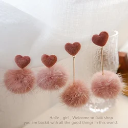 Temperament Pink Soft Mink Fur Ball Clip Earrings Female Love Heart Long Fur Pom Pom Ball Clip on Earrings Without Piercing