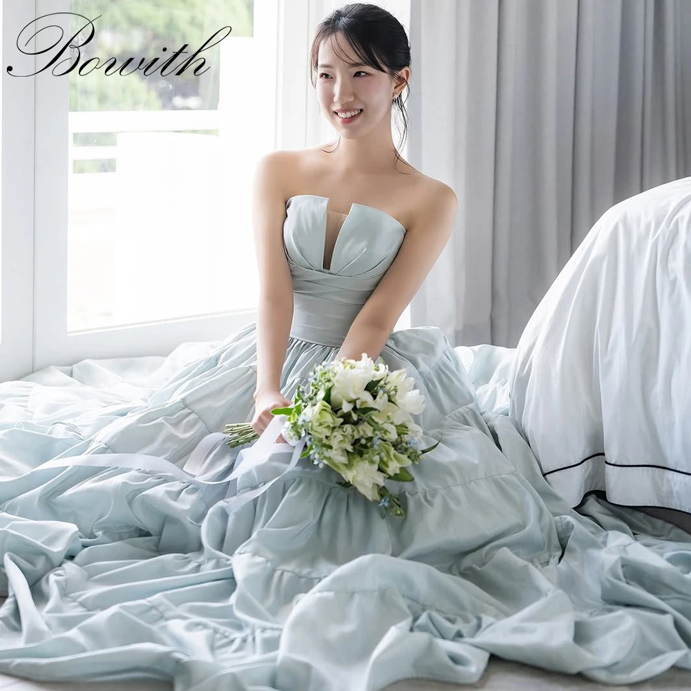

Bowith Blue Korean Wedding Dresses Customized Strapless Bridal Gown A-Line Floor-Length Korean Evening Dresses