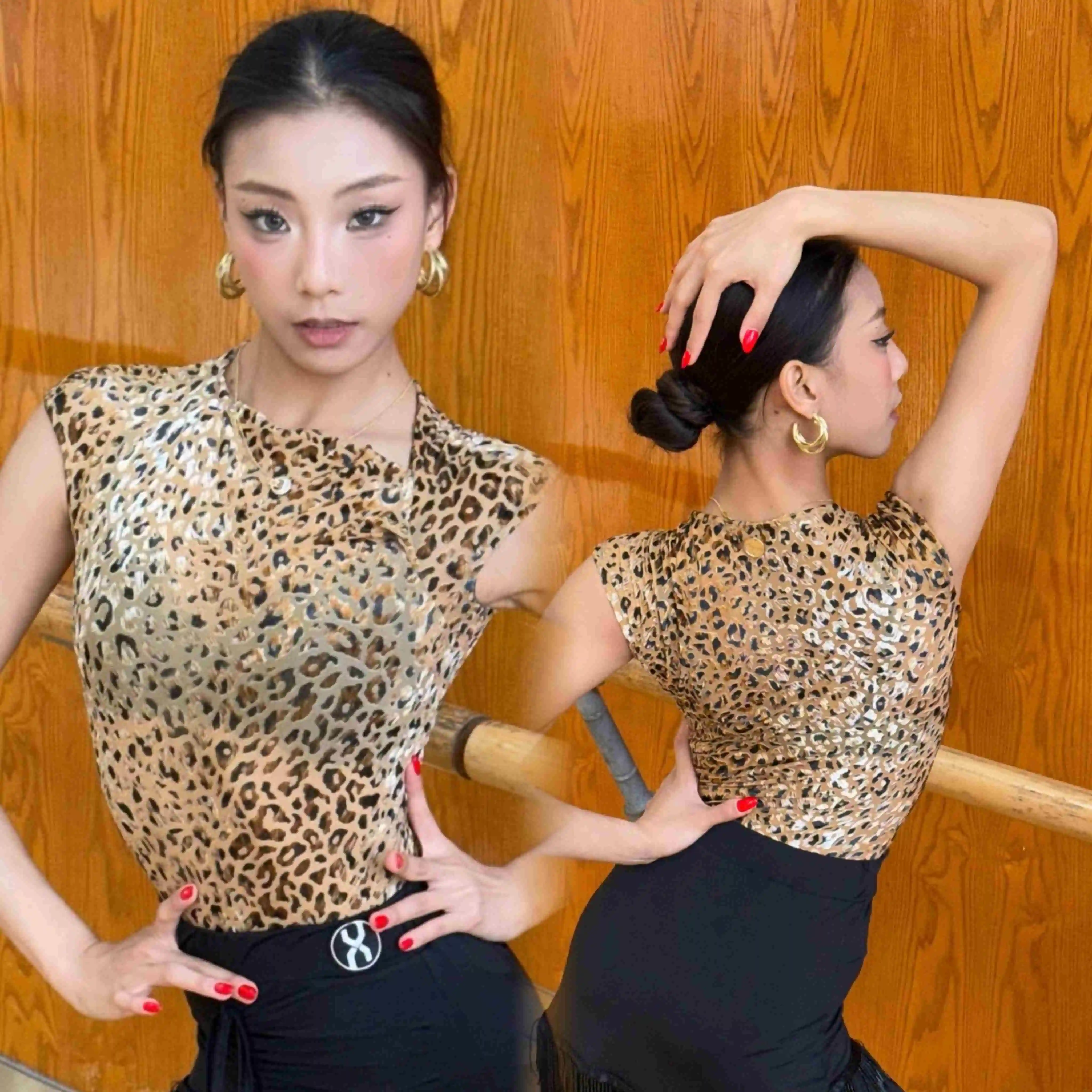 

Новинка 2025, женский топ для латинских танцев, комбинезон без рукавов с леопардовым принтом, тренировочная одежда, женские топы для латинских танцев самба-чача DN21153