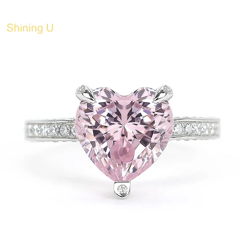 Shining U S925 Silver High Carbon Diamond Gems 10*10mm Pink Heart Ring for Women Fine Jewelry Wedding