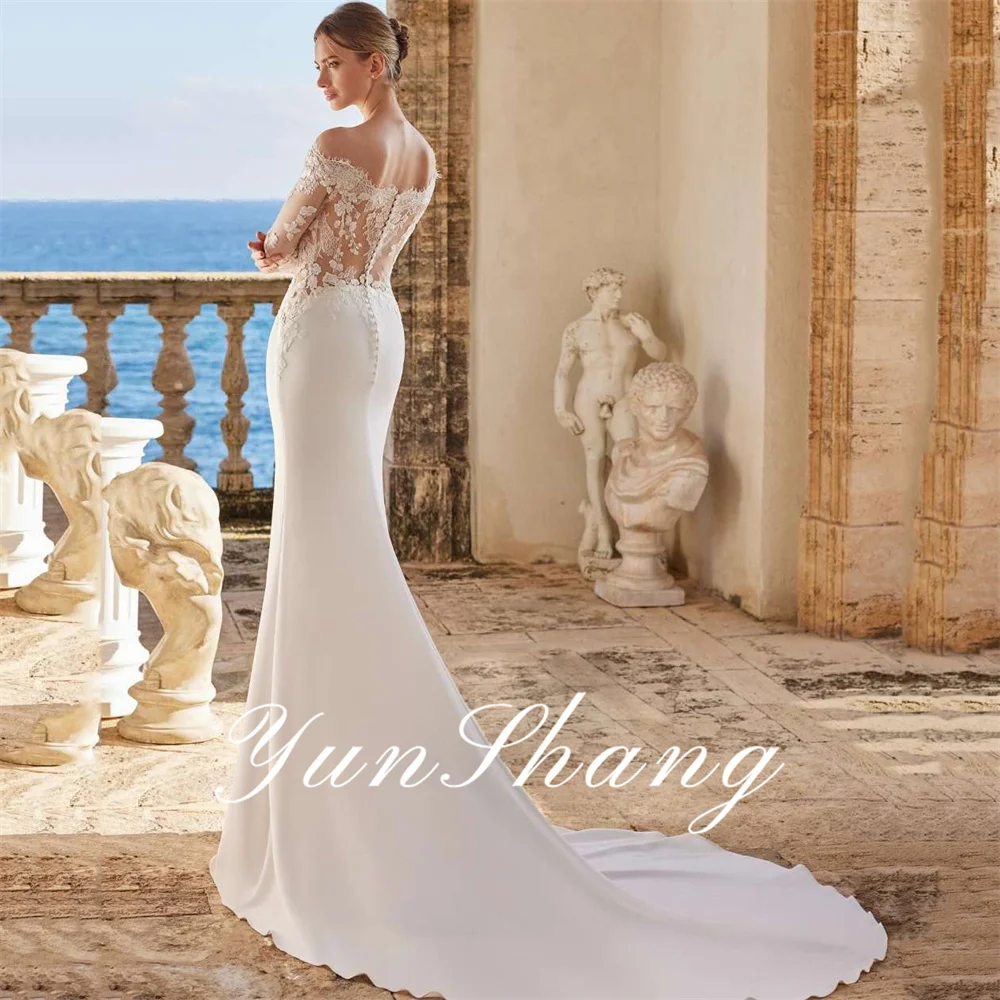 Yunshang eleganti abiti da sposa a sirena da donna in pizzo con spalle scoperte 3/4 maniche lunghe abito da sposa Sweep Train Vestidos De Novia