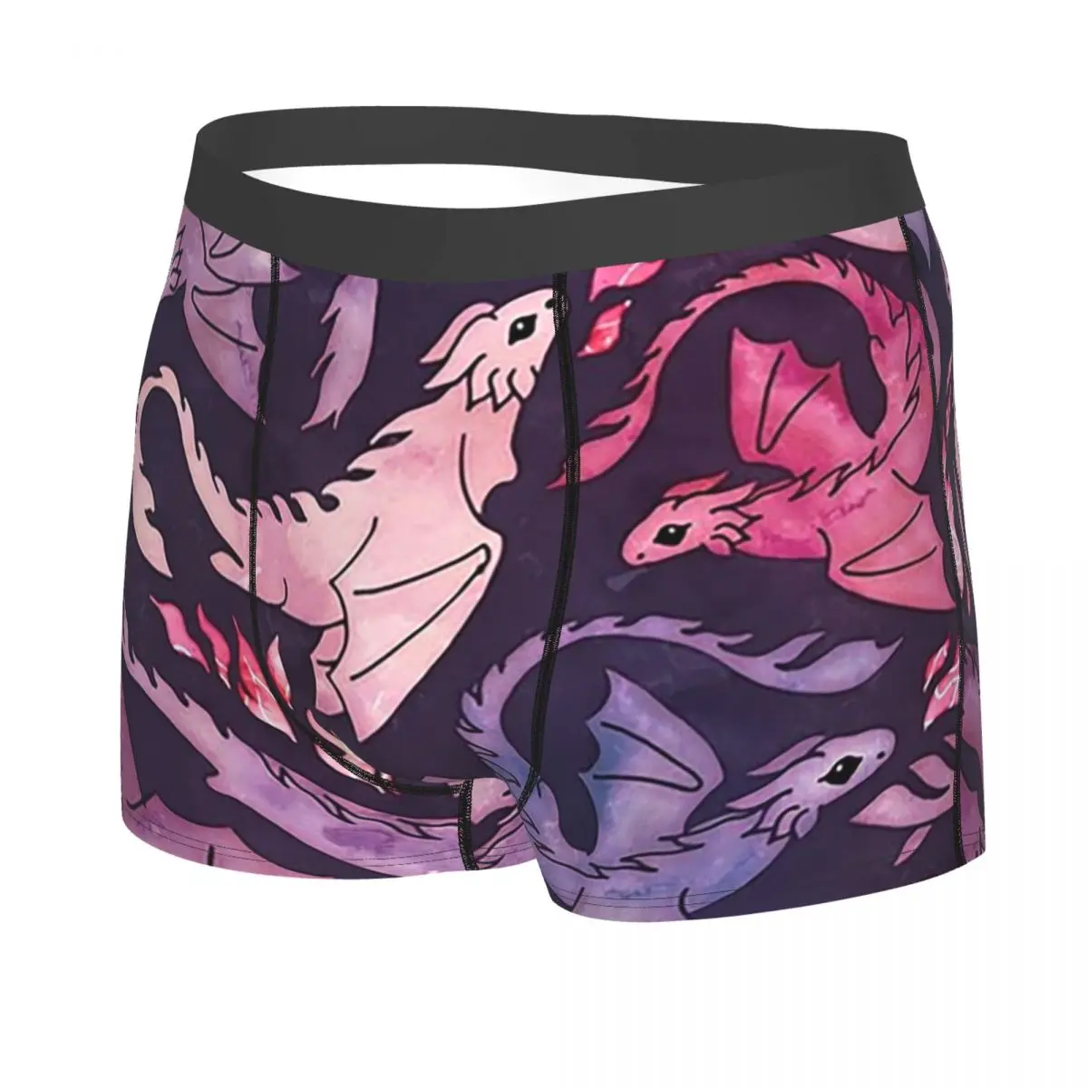 กางเกงบ็อกเซอร์ขาสั้นลายมังกรไฟสีชมพูเข้มม่วง กางเกงในชายเนื้อนุ่มสำหรับผู้ชาย ของขวัญสำหรับแฟนหนุ่ม