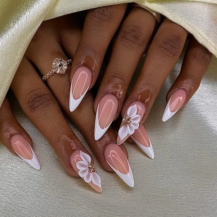 Elegant White French Press on Nails with 3D Flower Designs for Women Long Stiletto Shape Fake Nails Handmade MultiLayer Gel Acr